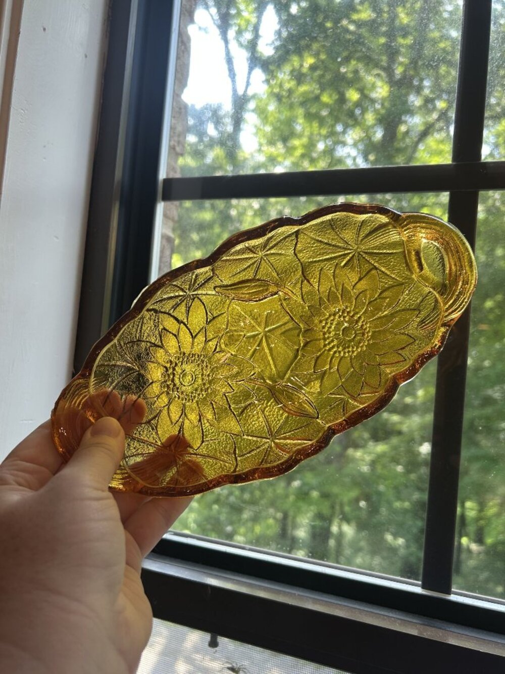 Vintage Amber Glass Tray With Sunflower Design Handles 9" Oval Serving Dish